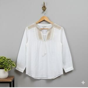 J.Crew XS White Embroidered Boho Peasant Blouse Tassel Tie